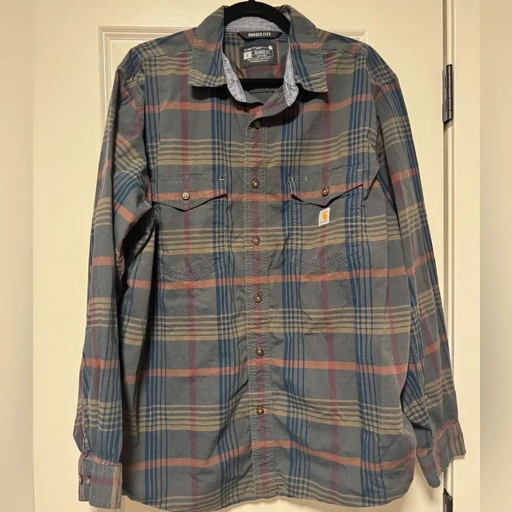 CARHARTT Rugged Flex Relaxed Fit Lightweight Long Sleeve Plaid Shirt Blue Large